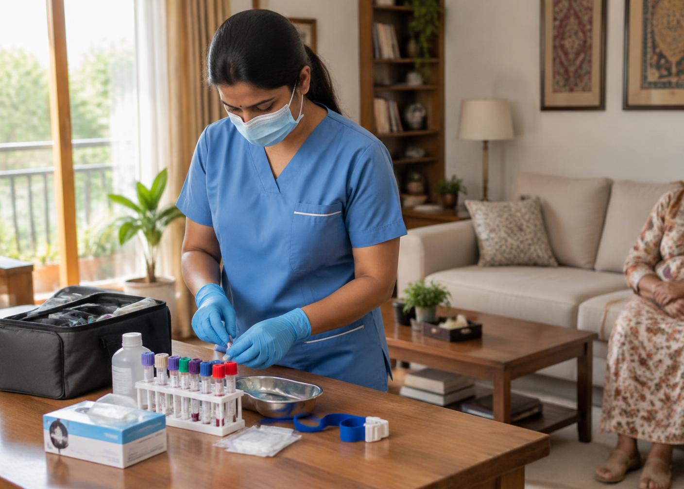Healthcare professional preparing a sample collection kit at a patient's home